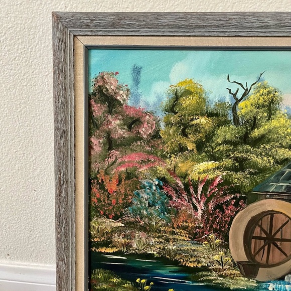 Vintage Framed Landscape Painting With Water mill 19/23 Inches - Picture 4 of 10